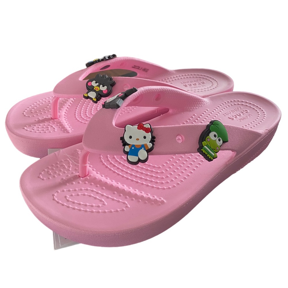 CROCS Women's Classic Pink Platform Flip Flops with Hello Kitty Charms Size: 7
